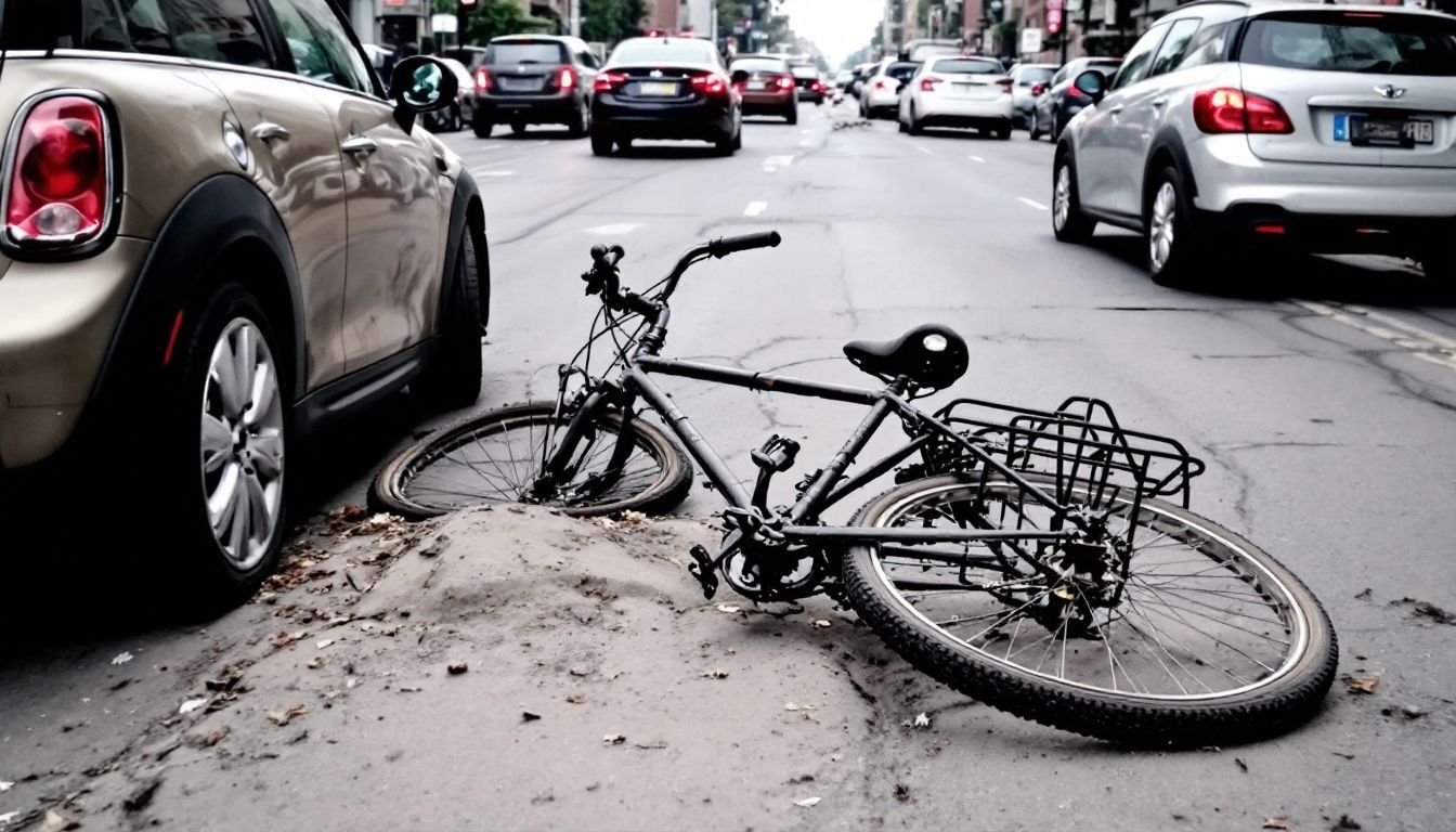 A damaged bicycle lies on a busy city street.