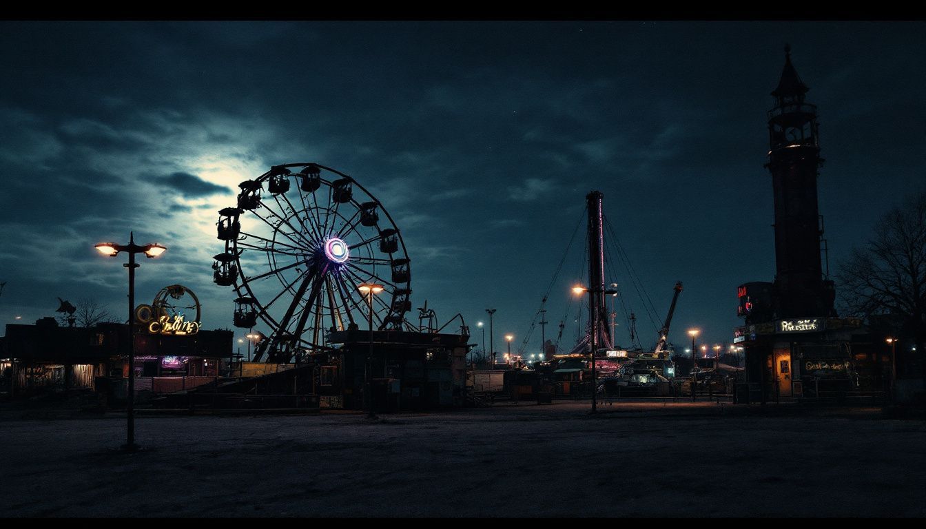 A deserted amusement park at night with broken, rusted rides.