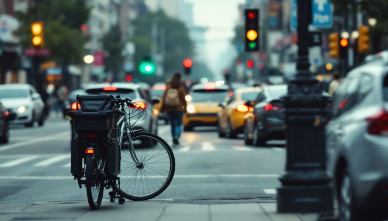 A bicycle parked in a busy city street during rush hour.