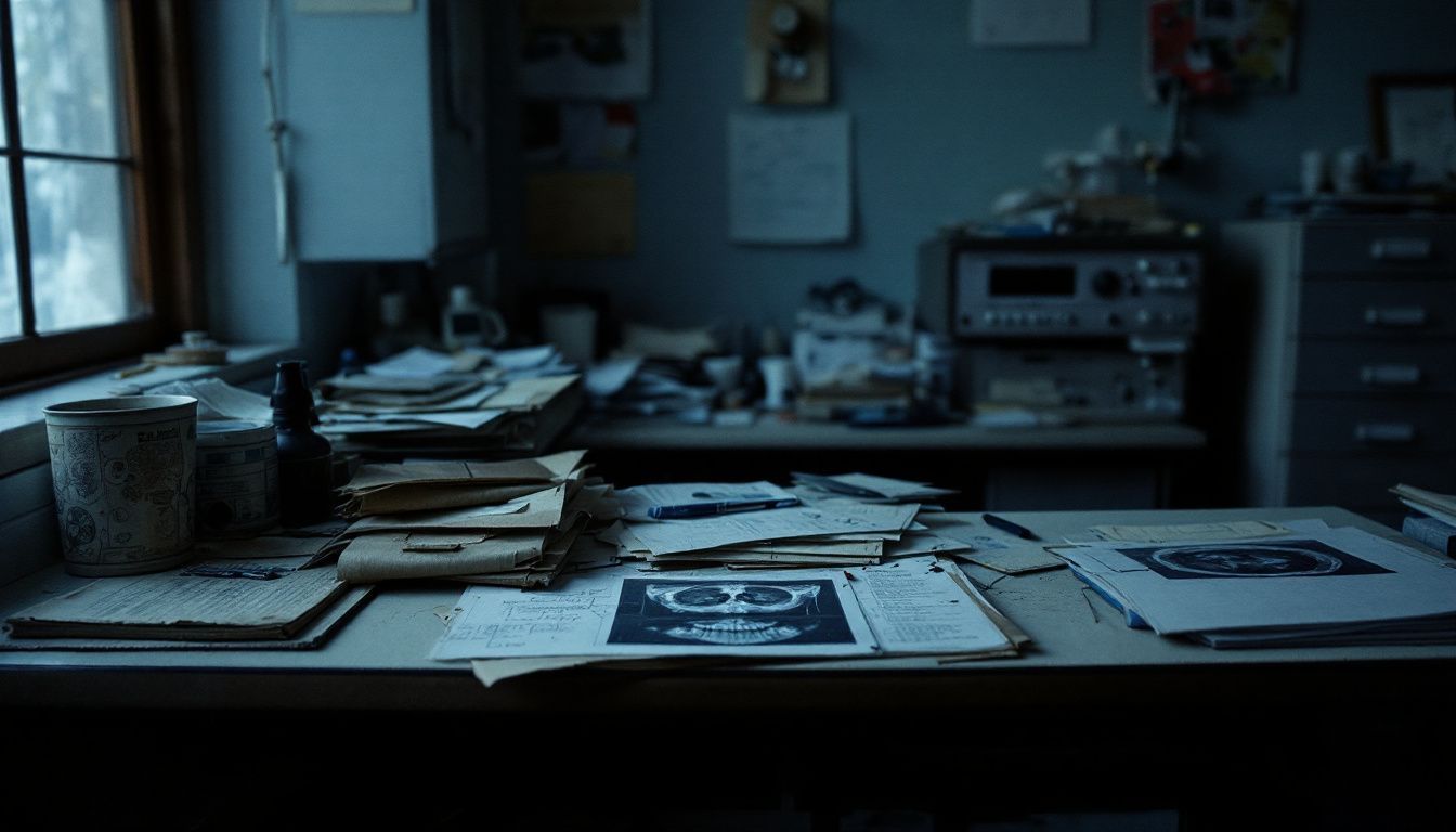 A cluttered radiology room with forgotten medical scan on desk.