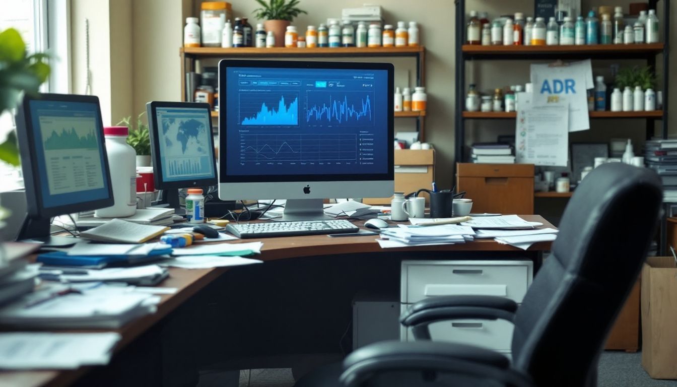 A cluttered office desk with scattered papers and medication shelves.