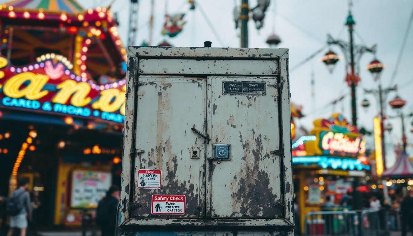 An aged amusement park ride under colorful carnival lights.