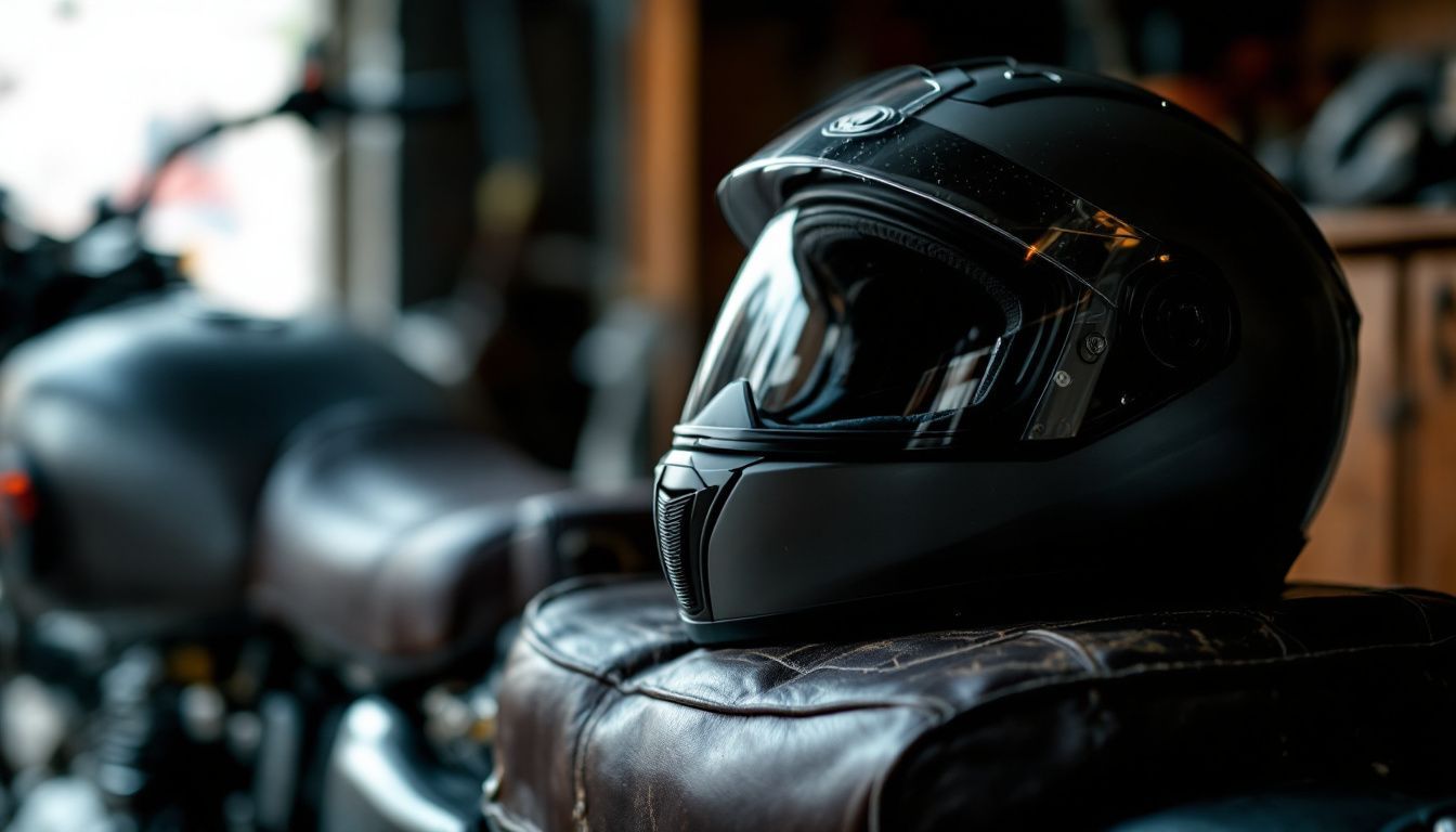 A full-face motorcycle helmet on a leather seat in a garage.