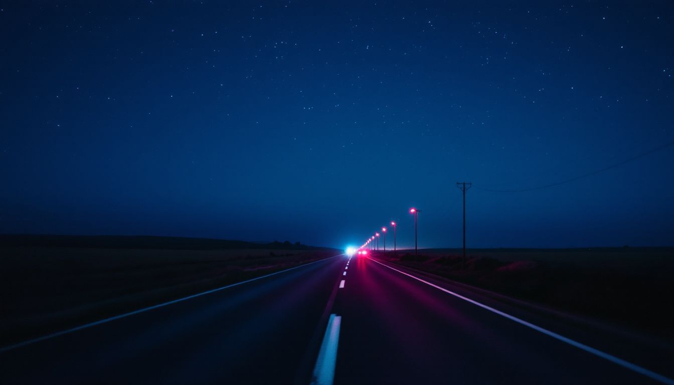 A deserted, dimly lit highway at night with open fields.