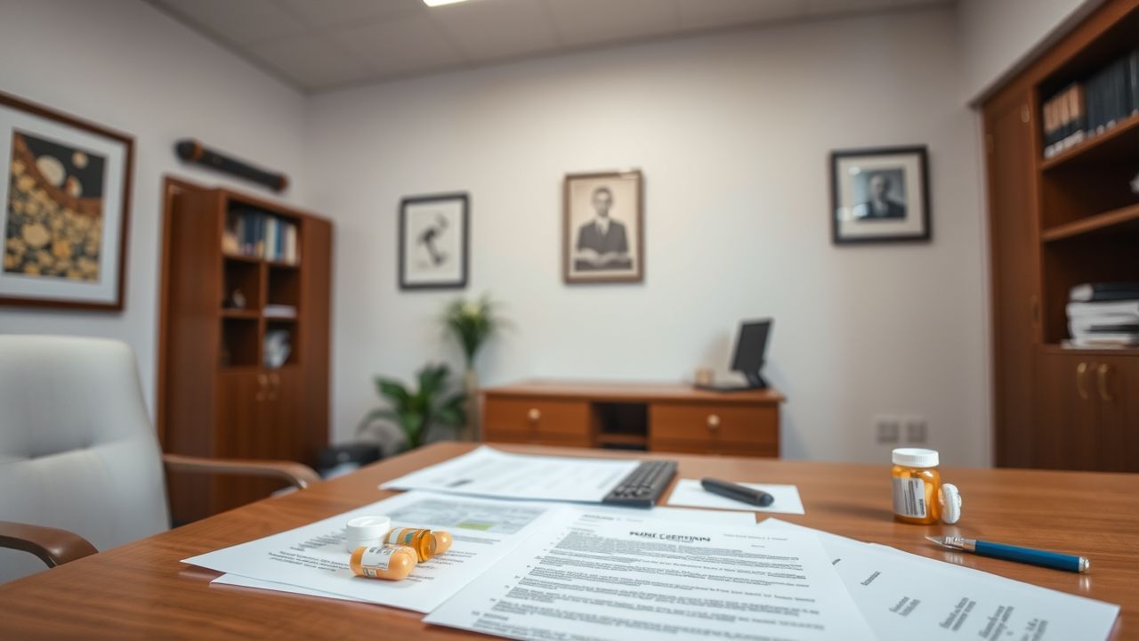 An empty law office consultation room with legal documents and pills.