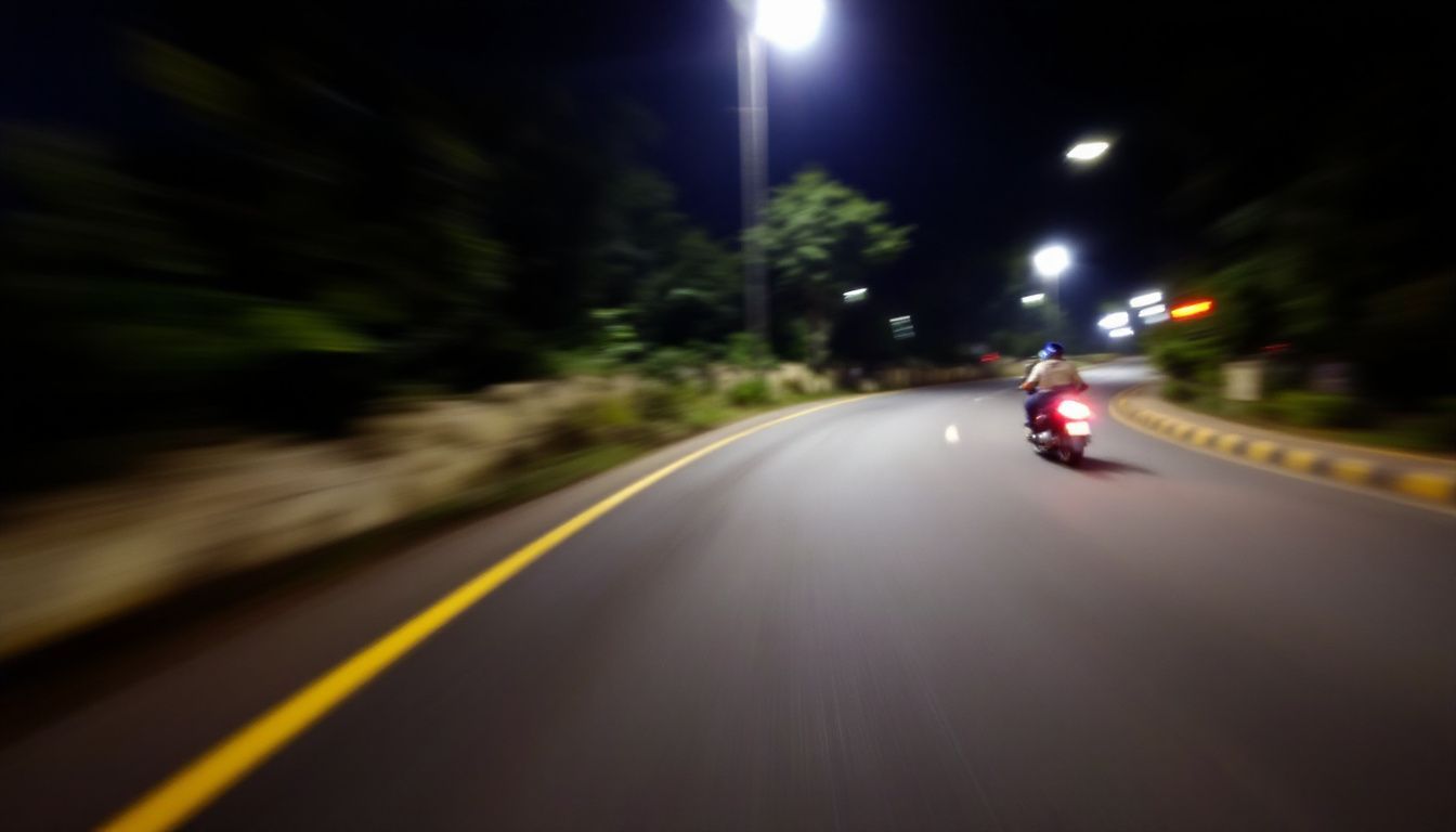 A blurry night photo of a motorcycle on a winding road.