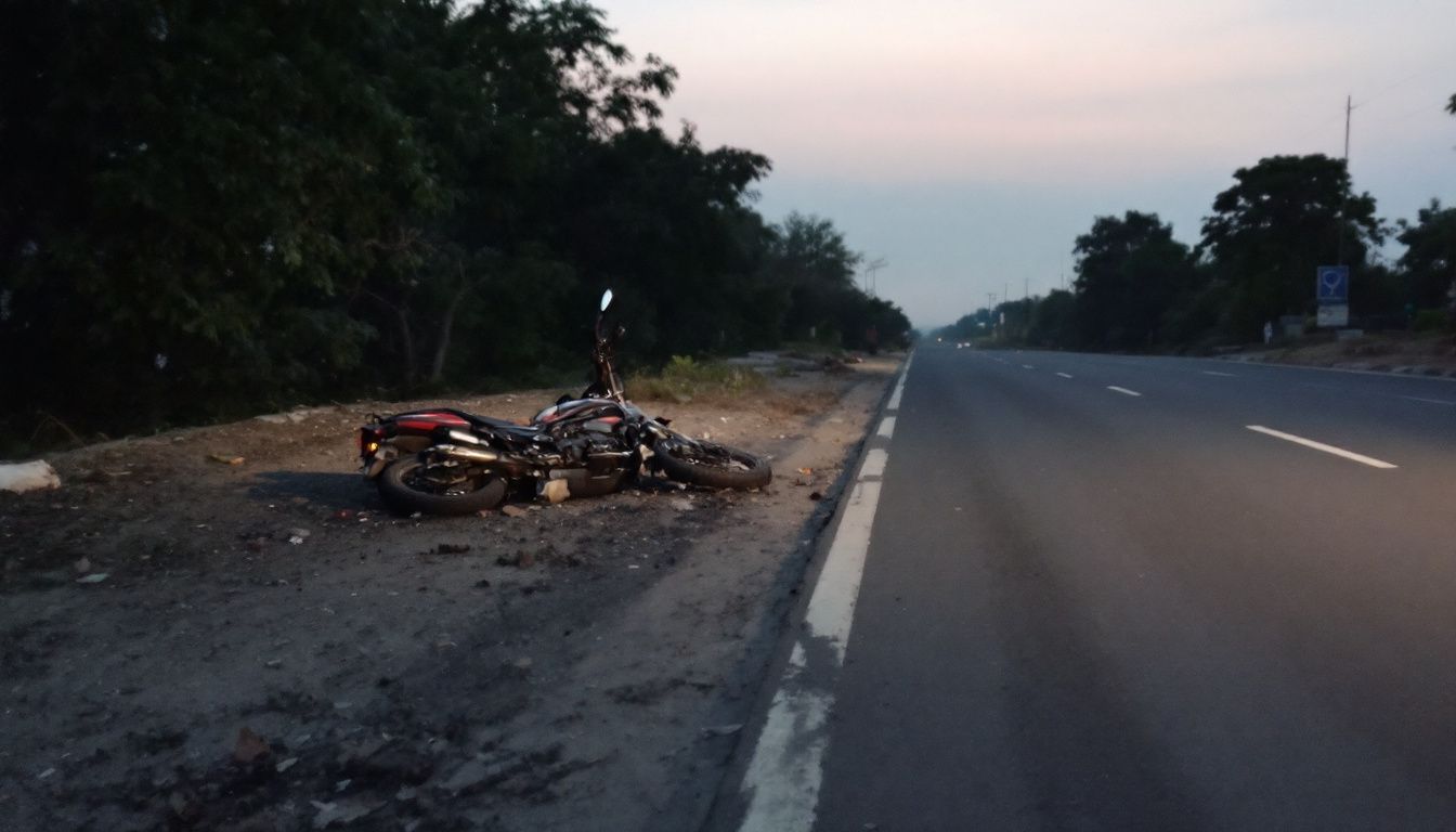 An abandoned motorcycle rests on the side of an empty road.