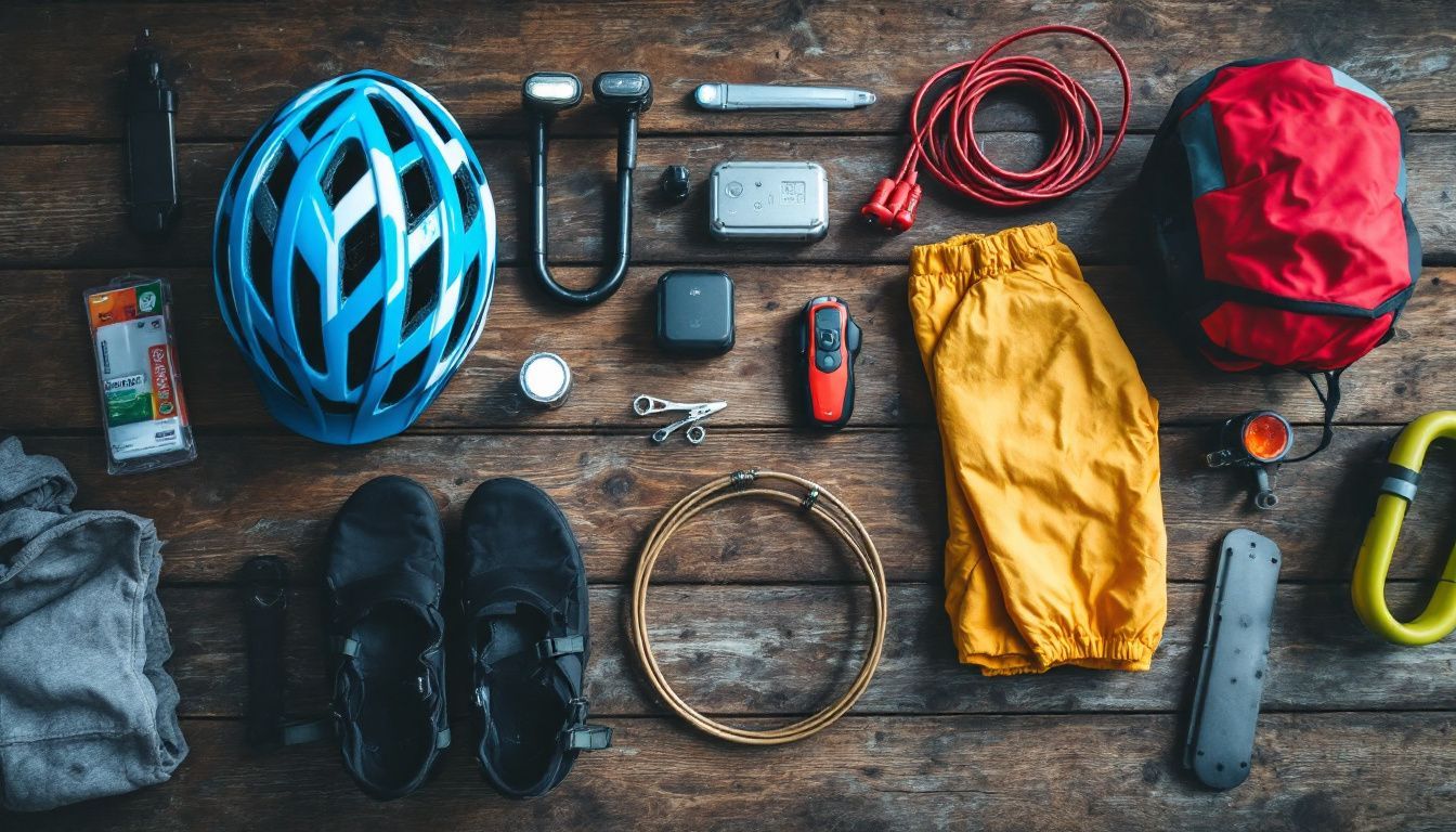 A collection of urban cyclist gear arranged on a wooden table.