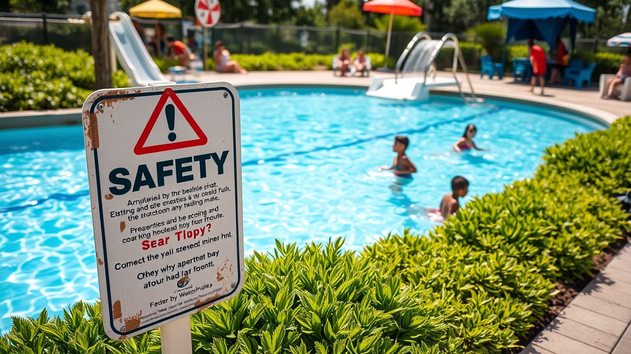 A weathered safety sign by a pool at a water park with children playing.