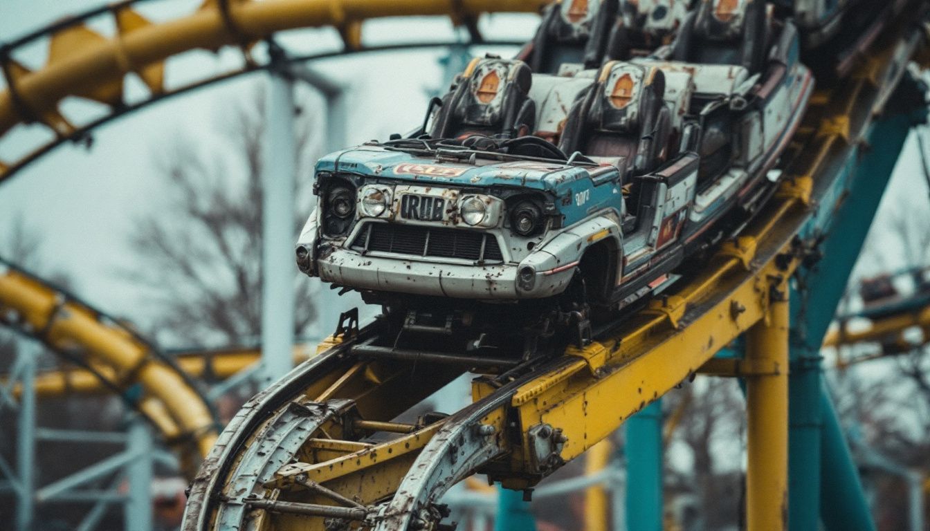 A damaged roller coaster at an abandoned amusement park.