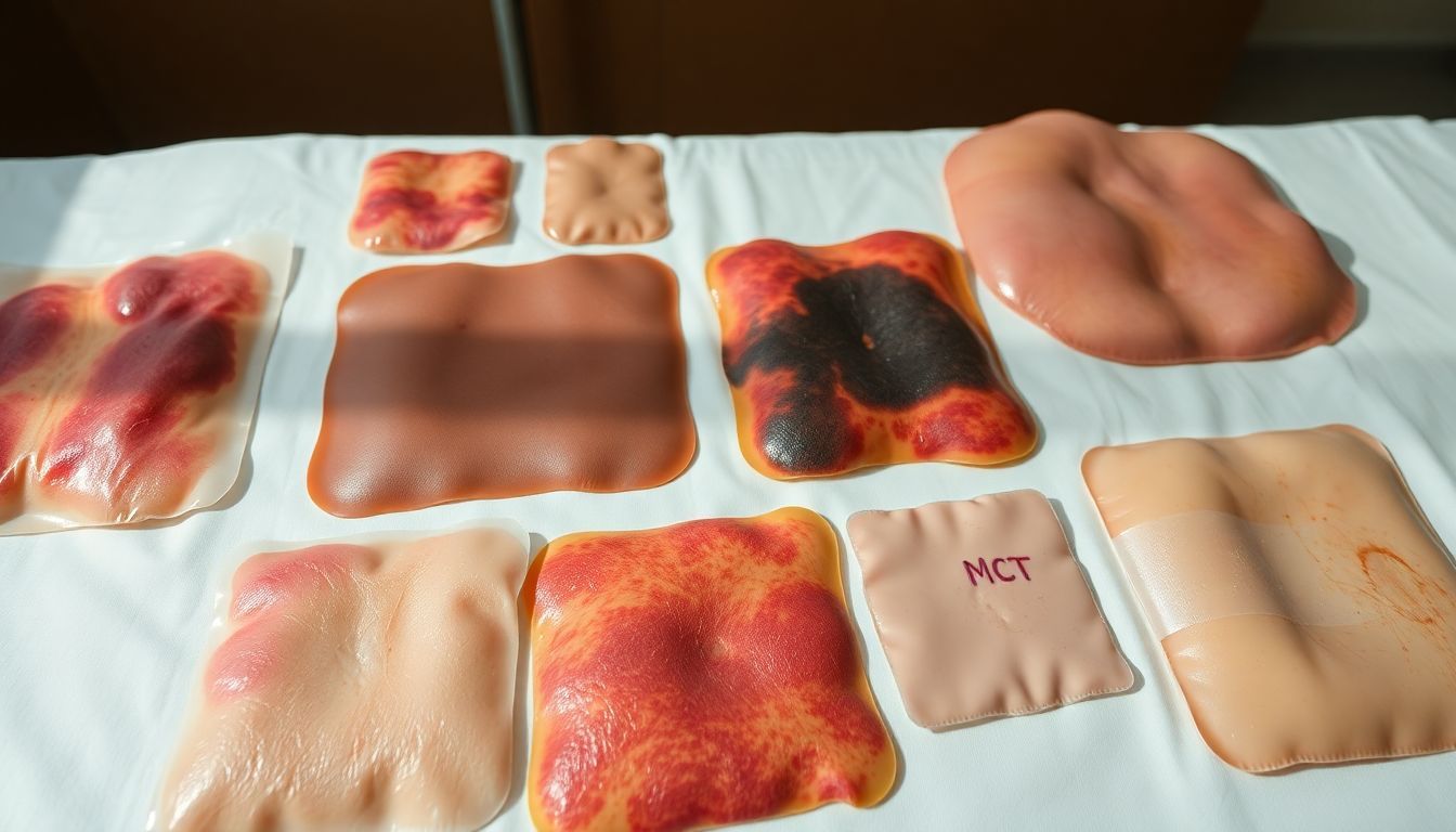 Close-up of synthetic skin patches with various degrees of burn injuries.