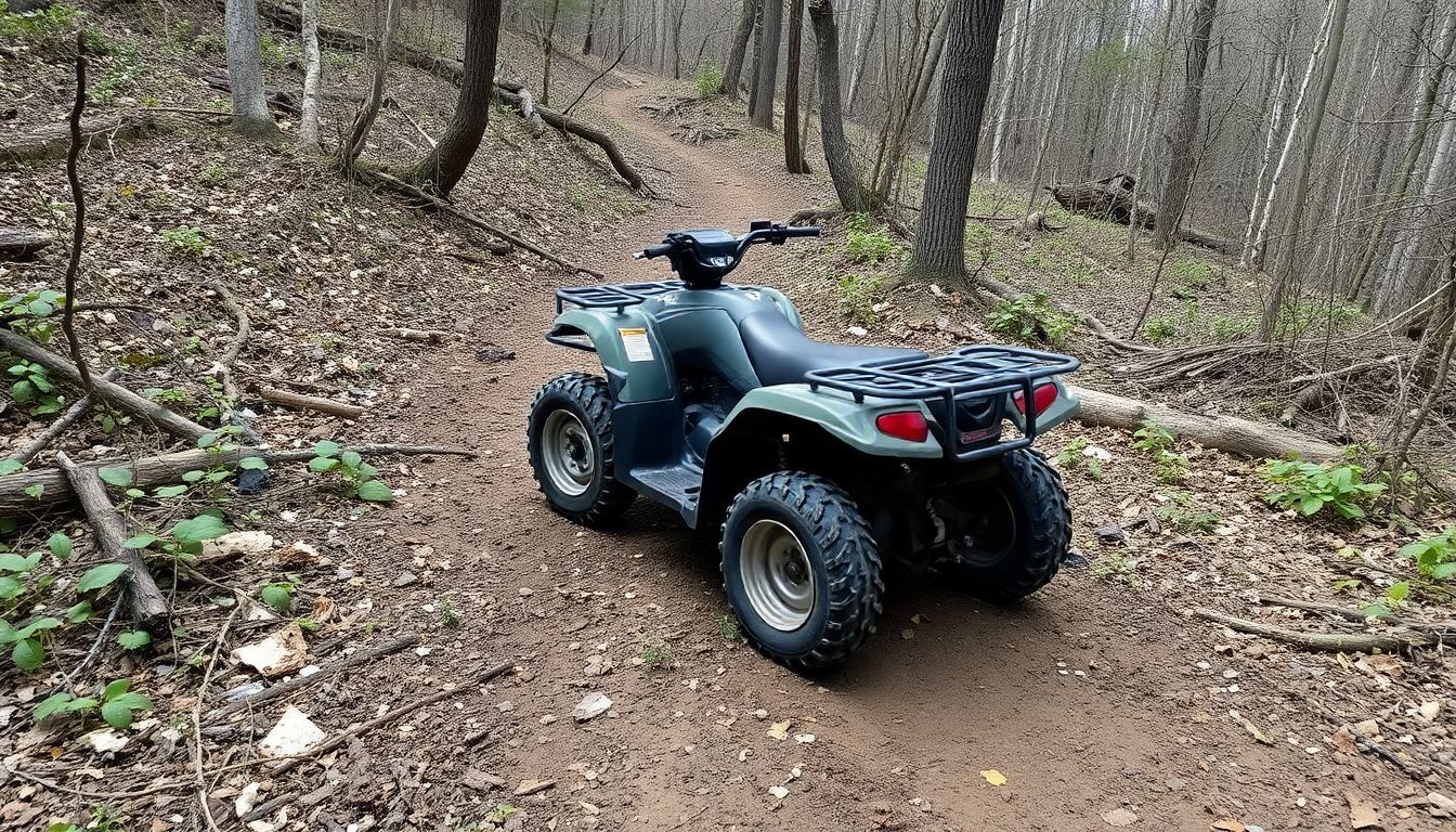 An abandoned ATV sits on a rugged, overgrown trail in the woods.