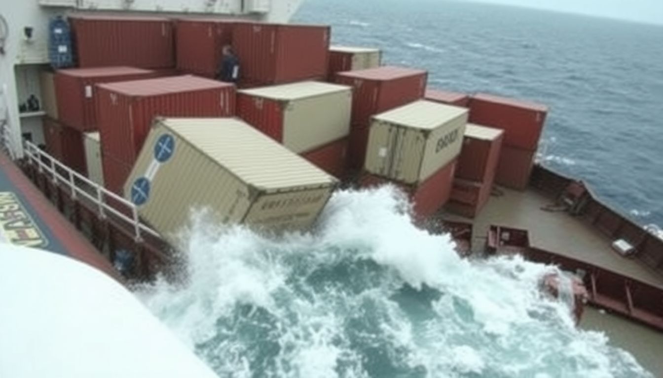 A cargo ship navigating rough seas with poorly secured containers.