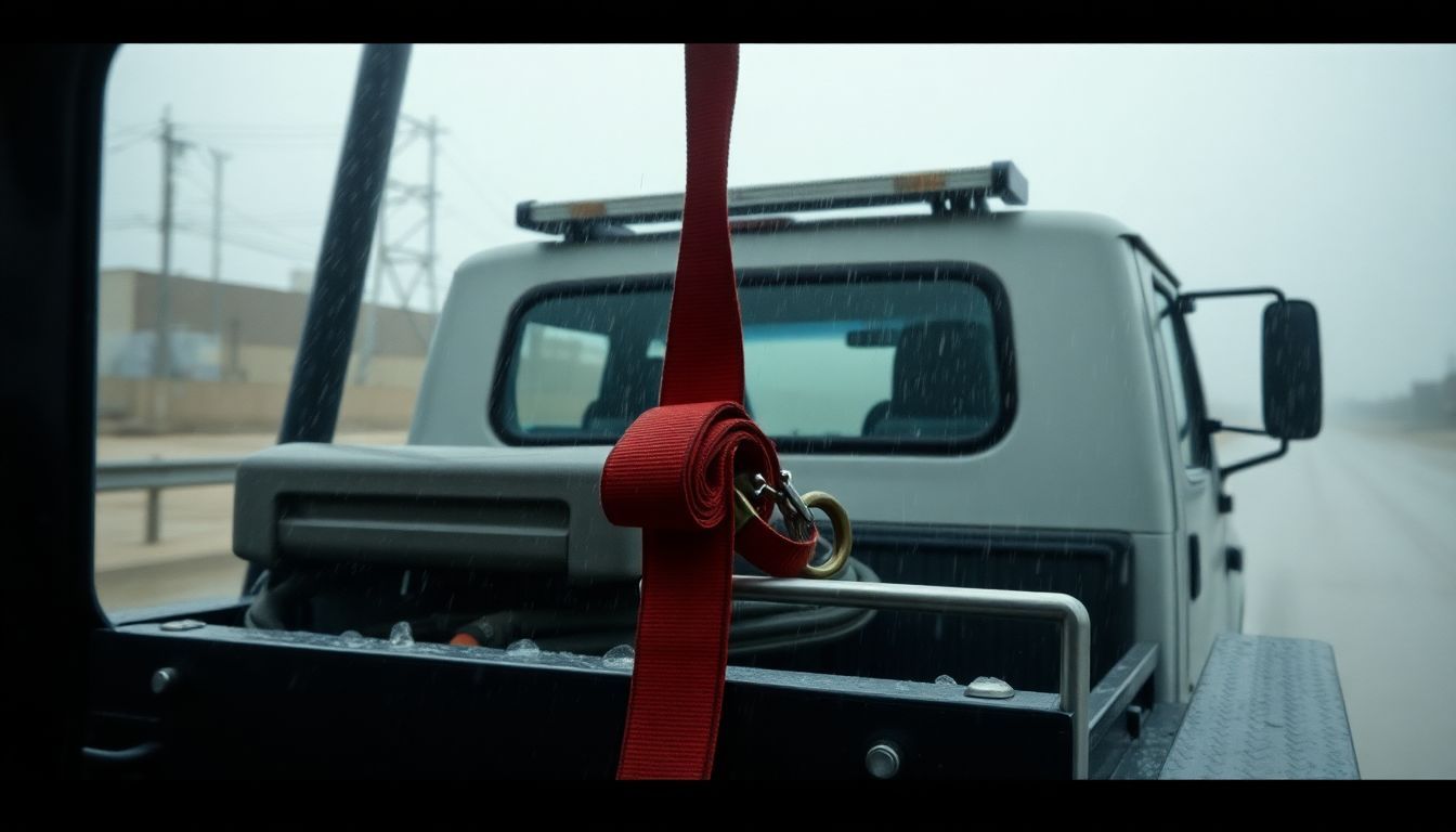 A tow truck with loose strap and broken cables in poor weather.