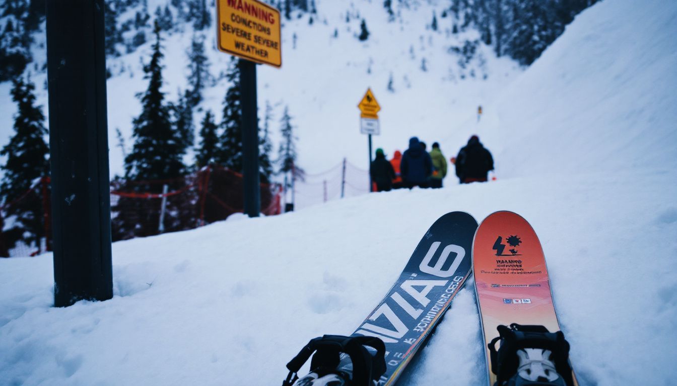 Two skis left by icy slope at ski resort with warning signs.