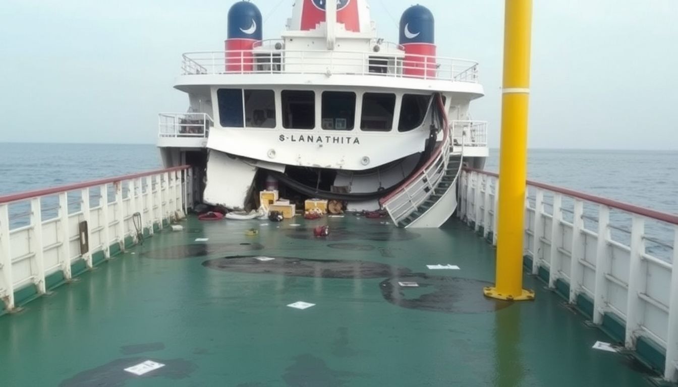 A damaged ferry collided with a port structure, with hazardous materials scattered.