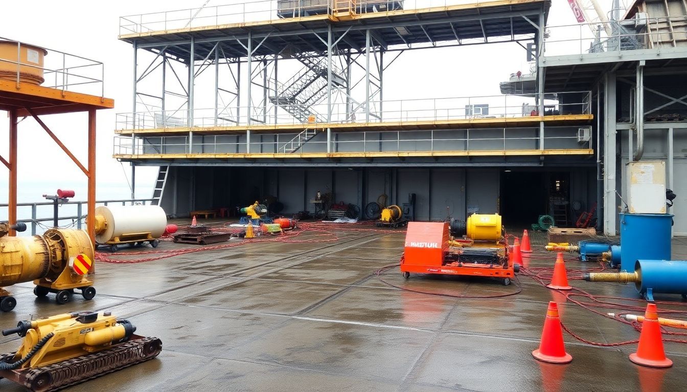 An offshore construction site with scaffolding on a ship's deck.