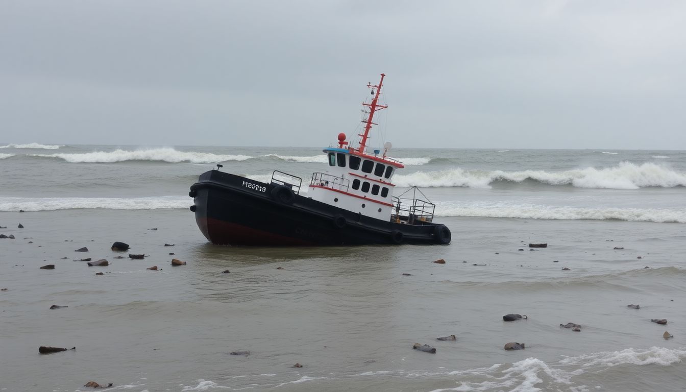 An overturned tugboat surrounded by debris in stormy water.