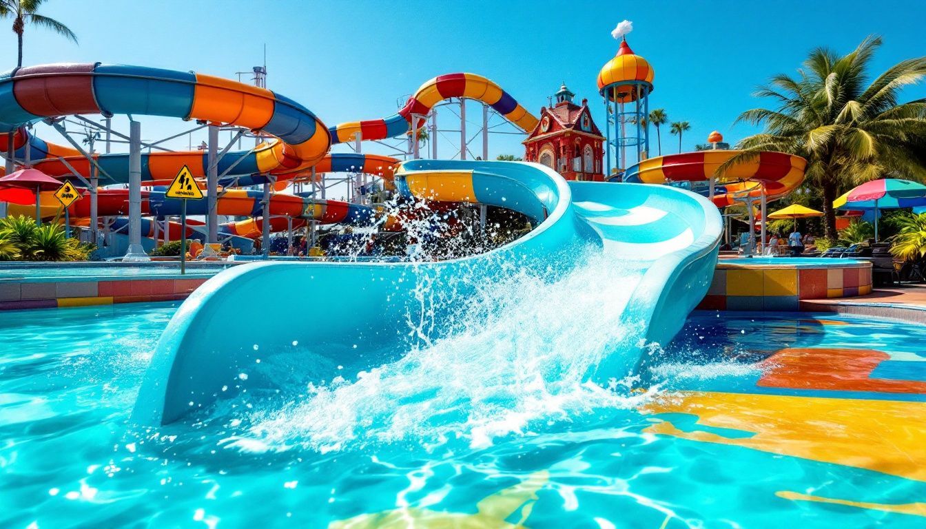 A wet waterslide winding through a vibrant, empty water park.