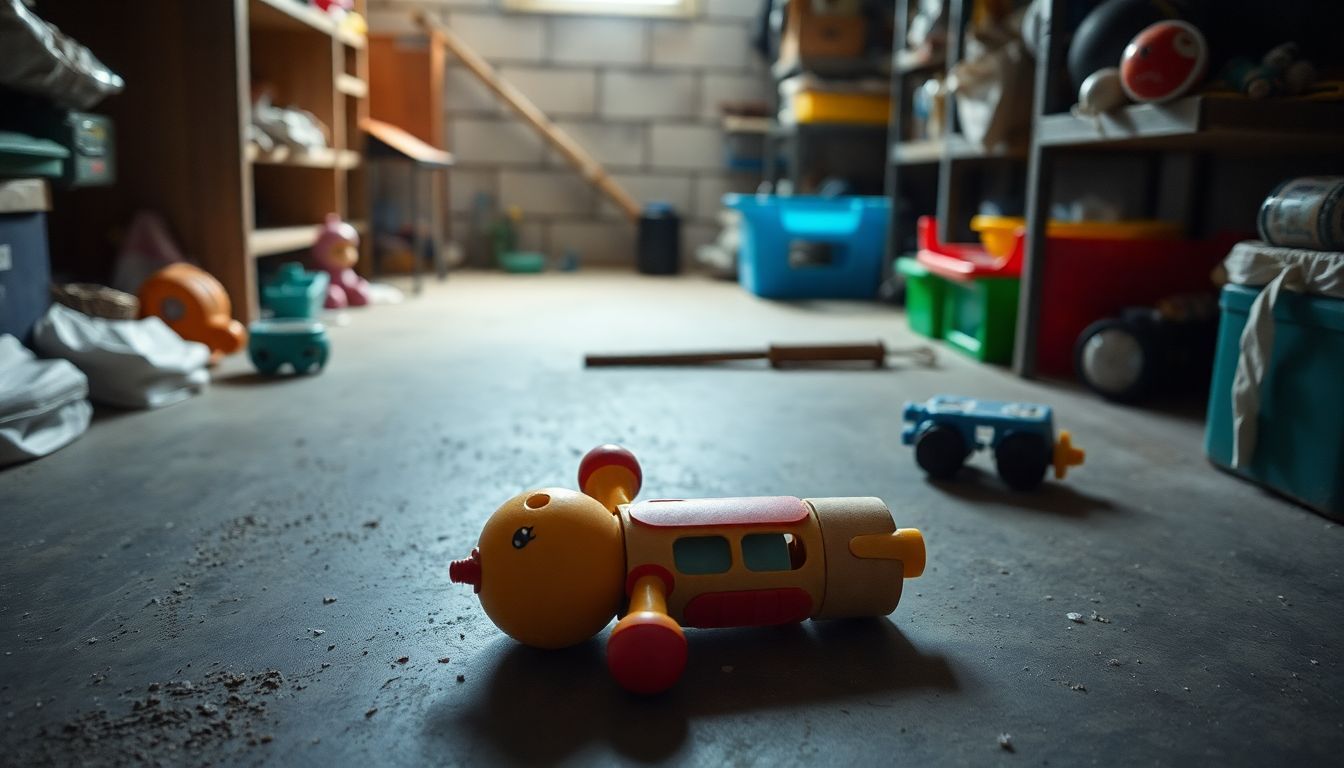 An abandoned broken toy lies among other damaged toys in a basement.