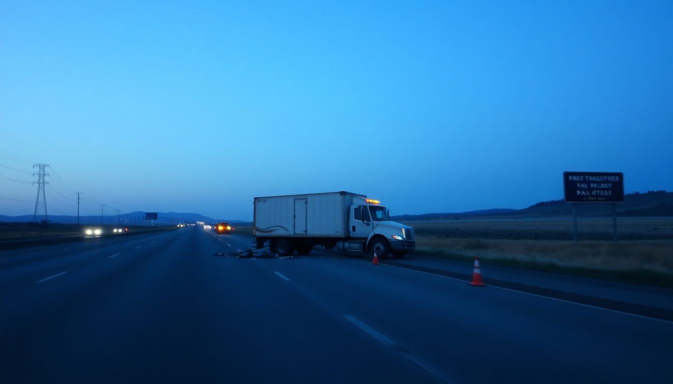 A deserted highway with a crashed truck and scattered debris.