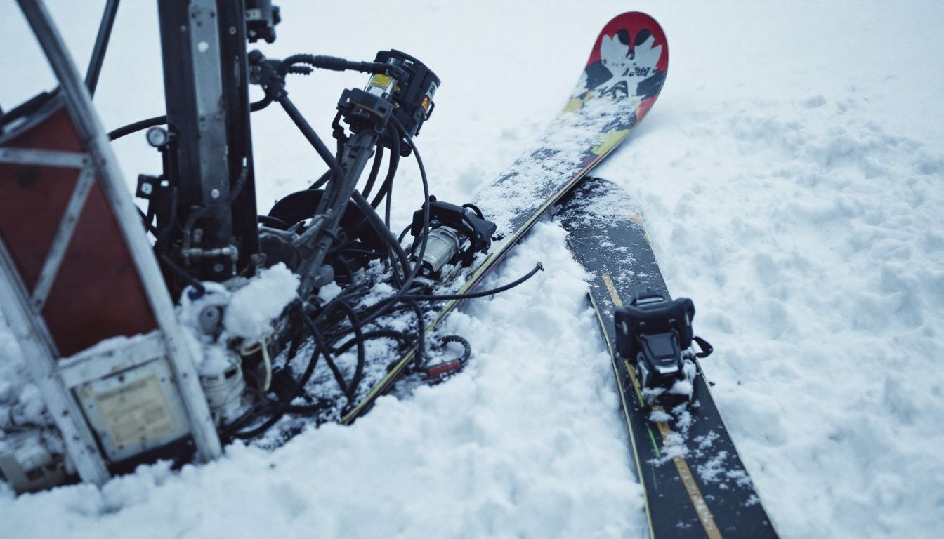 A broken ski lies next to malfunctioning ski lift machinery on snow.