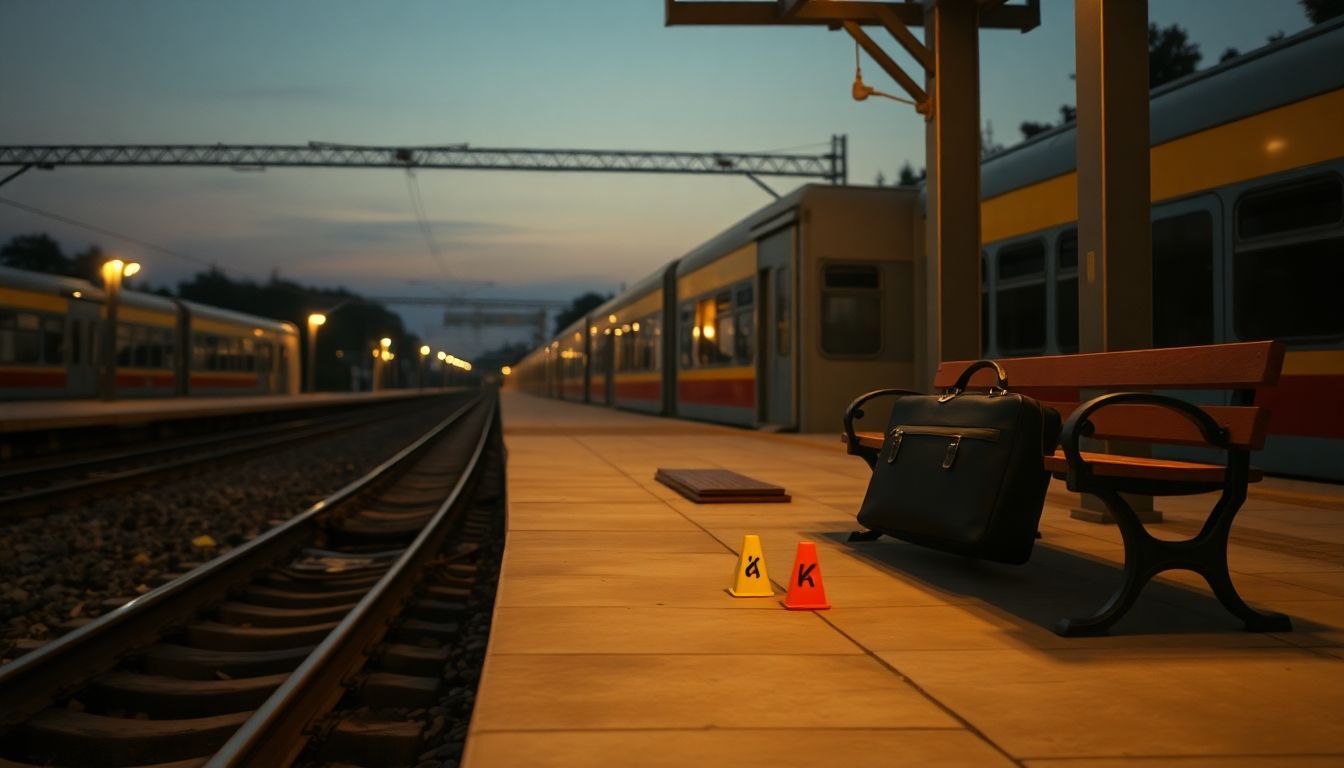 An empty train platform at dusk with evidence markers and abandoned briefcase.