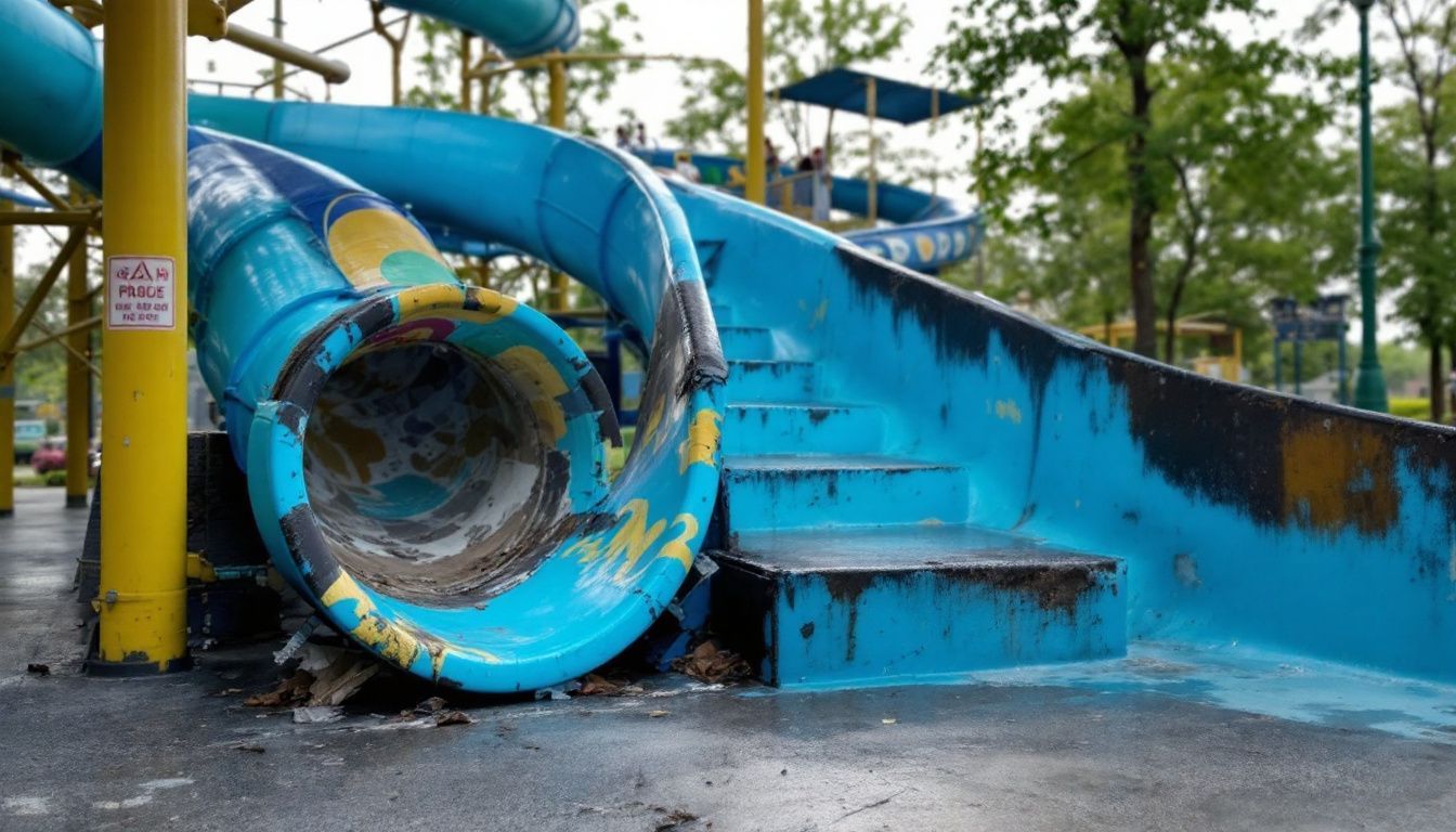 An old, worn-out water park slide in need of repair.