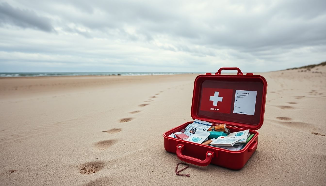 Deserted beach with open first aid kit and scattered supplies.