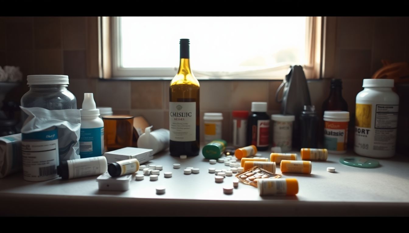 A cluttered kitchen counter with alcohol, cigarettes, and prescription medications.