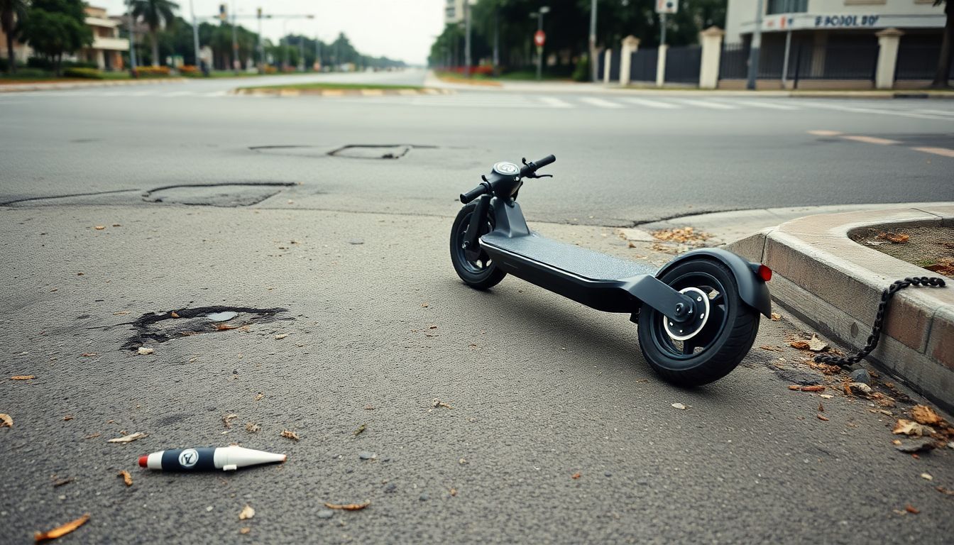 An electric scooter lies near a hazardous, pothole-filled road intersection.