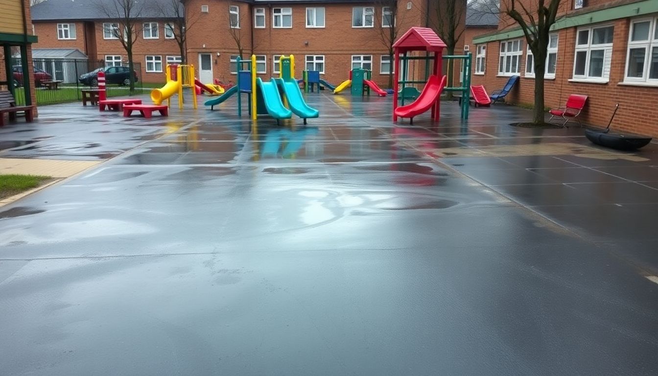 Disorganized, wet playground with scattered equipment and cluttered walkways.