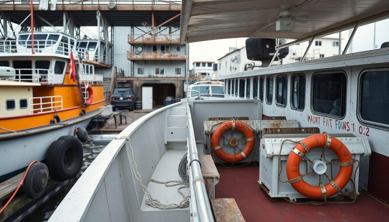 An abandoned tour boat in neglected dockyard with rusted equipment.