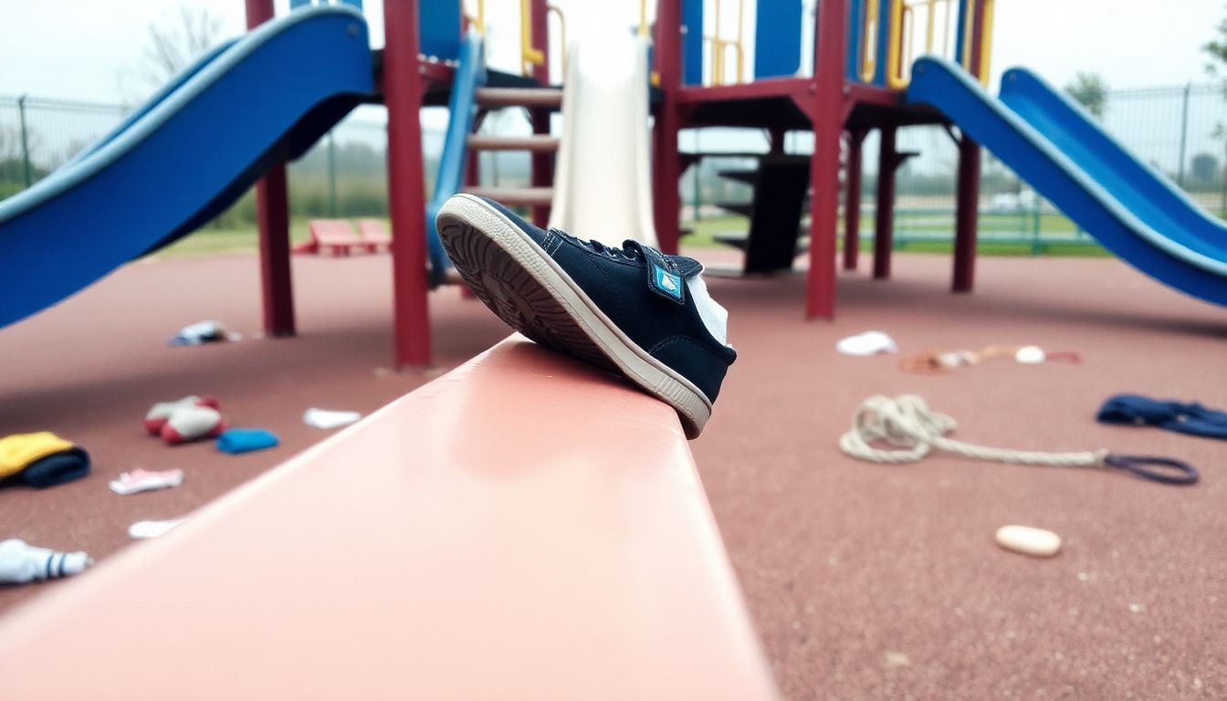 A playground in disarray with broken equipment and scattered clothing.