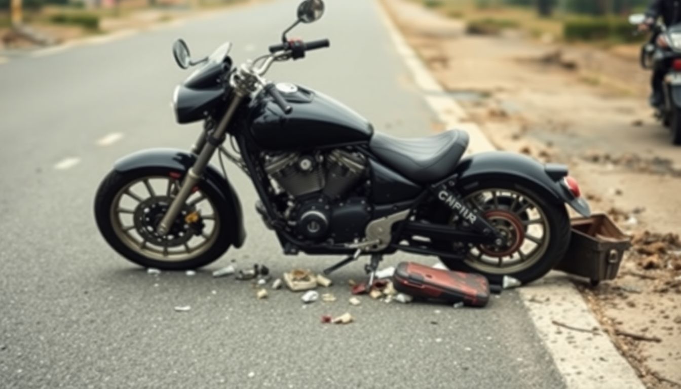 A damaged motorcycle lies on the road after an accident, with scattered debris.