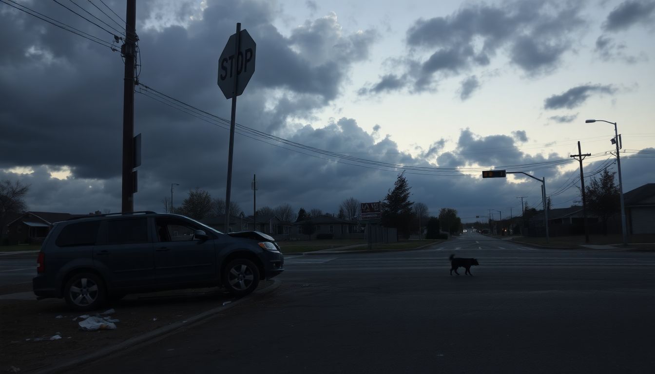 Deserted street intersection with damaged car, debris, and stray dog.