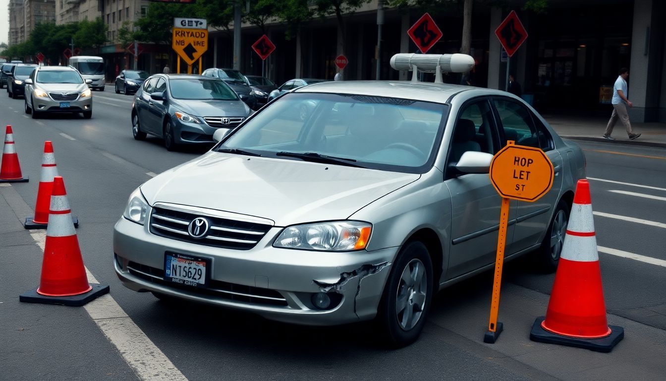 A damaged rental car parked on busy city street with construction cones.