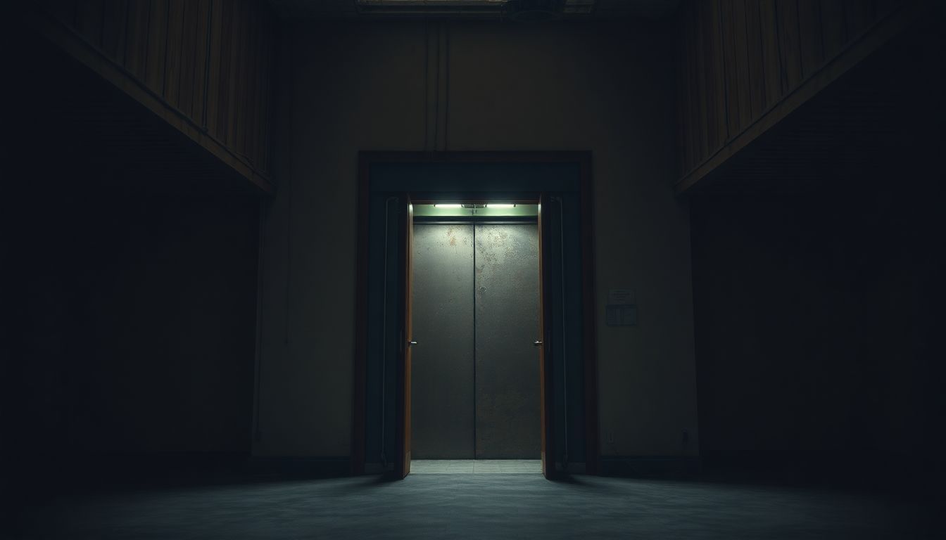 A deserted, rusty elevator stuck between floors in a dim building.