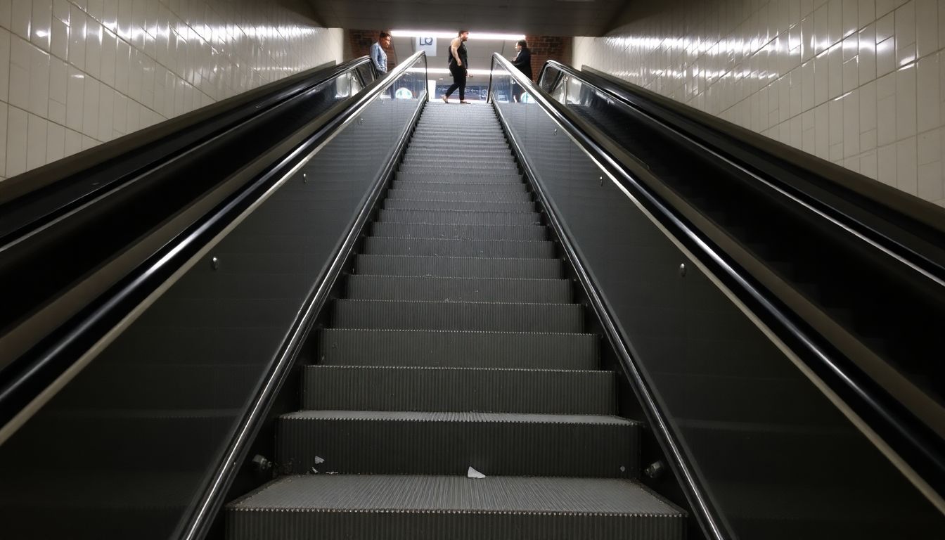 Broken escalator in subway station with loose handrails and steps.