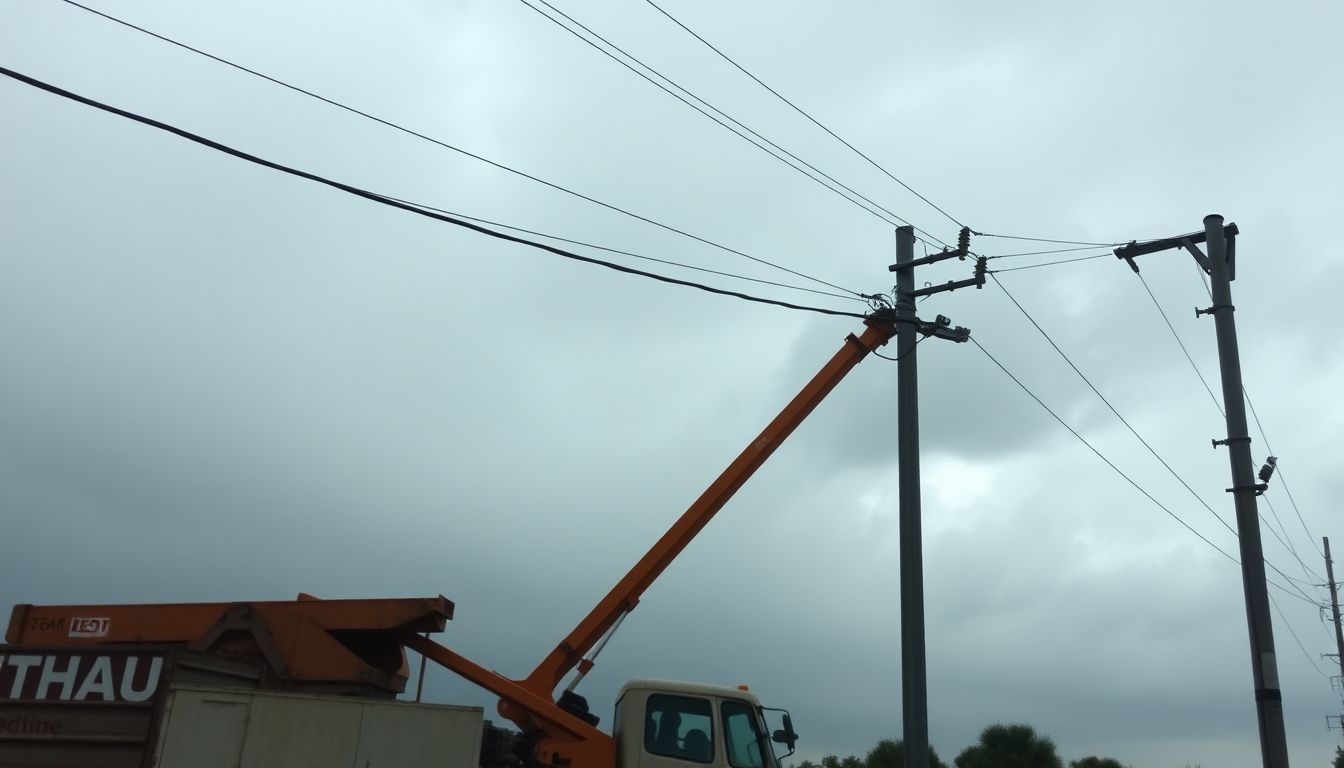 Damaged power lines hang low over construction equipment under stormy sky.