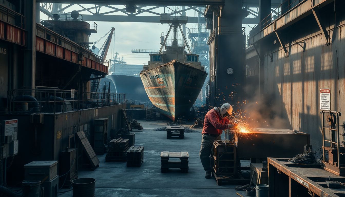 An industrial shipyard with rusted machinery, welding sparks, and caution signs.