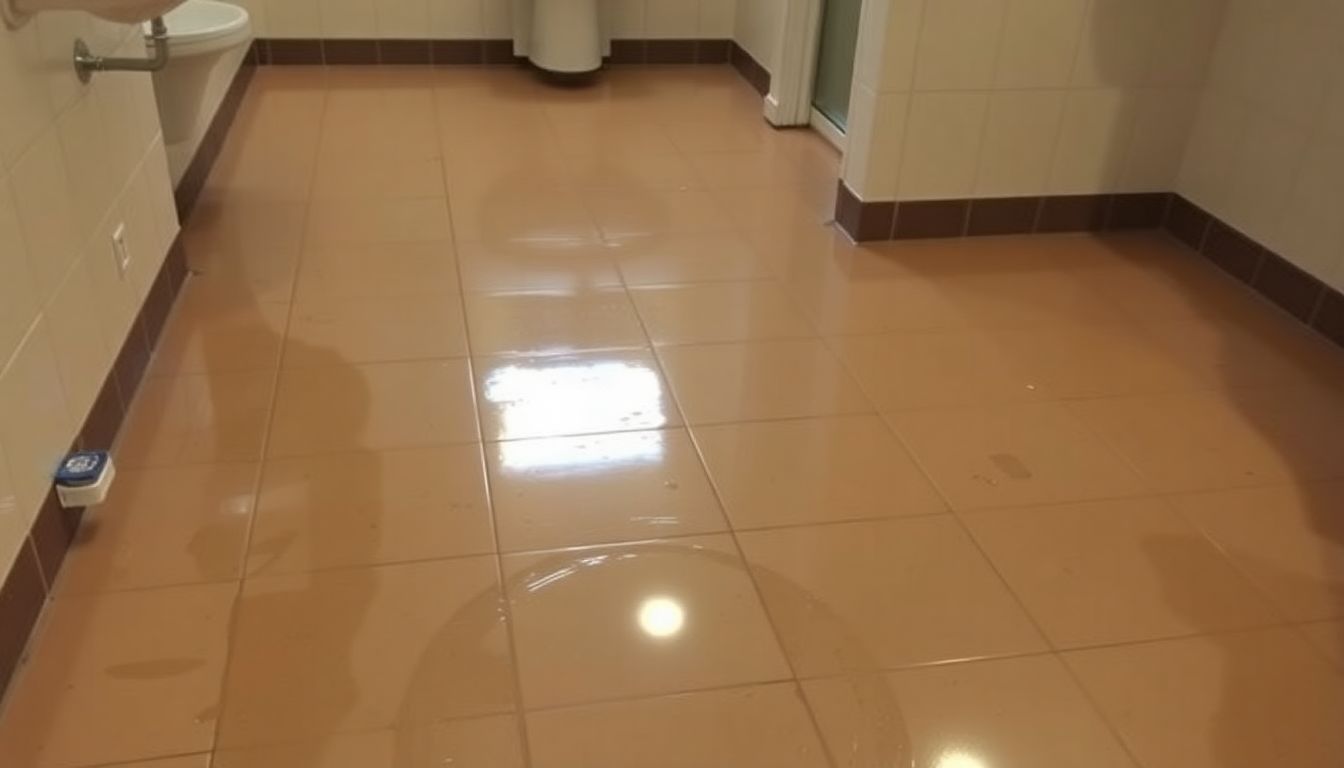 A wet and slippery hotel bathroom floor with muted colors.