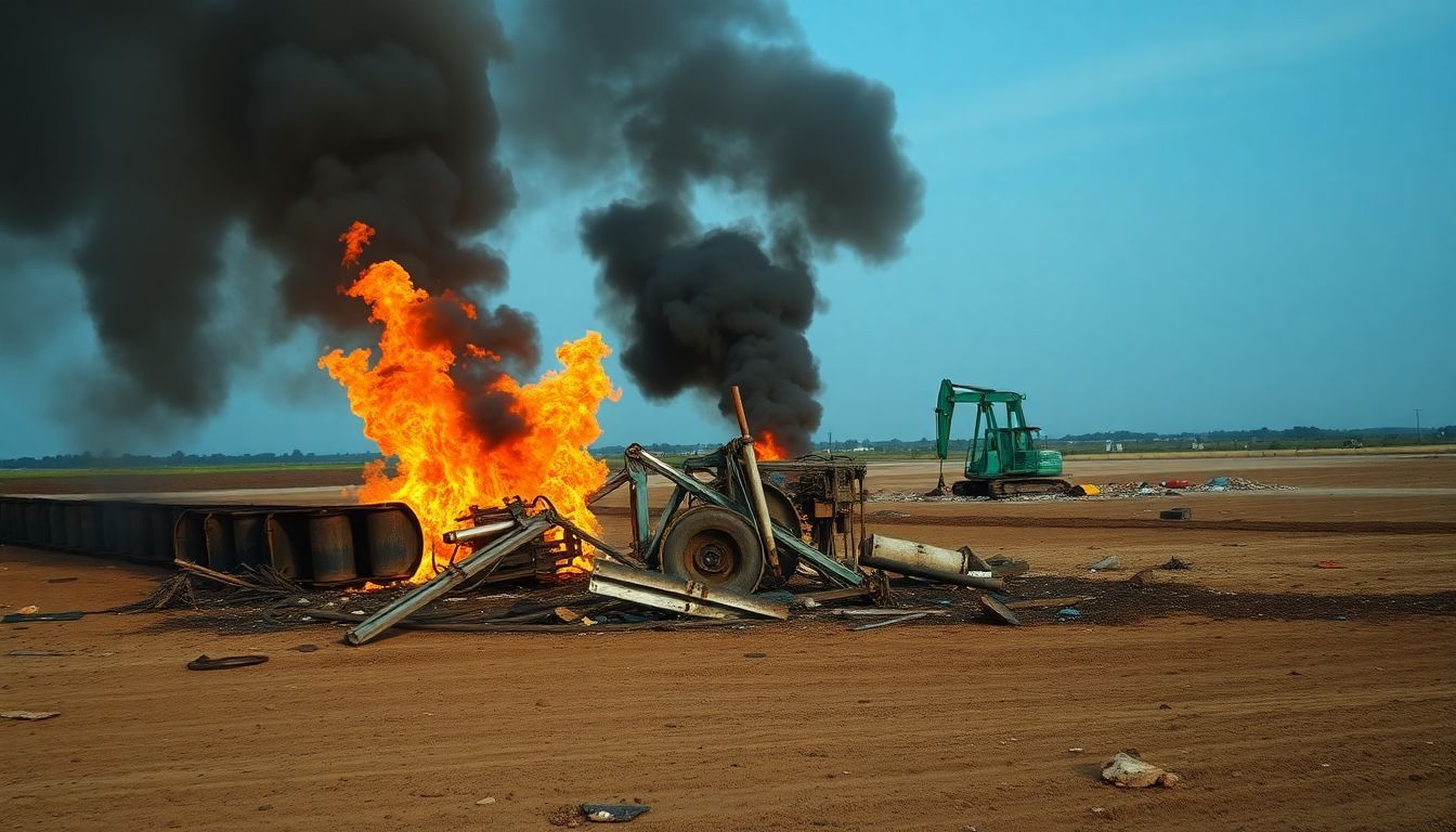 A large fire burns in an oilfield from broken machinery.