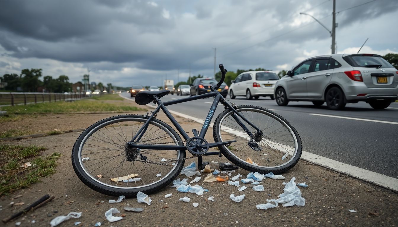 An abandoned bicycle lies on the side of a busy road.