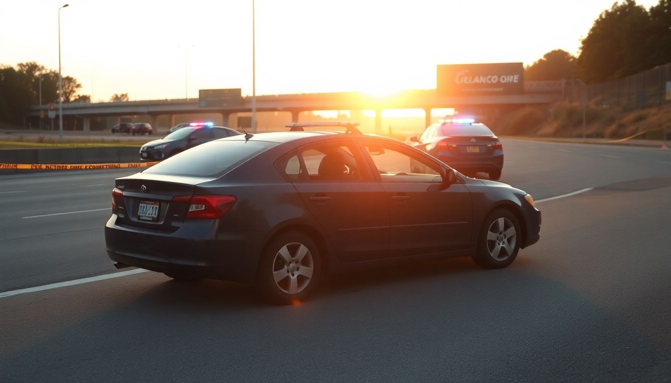 An abandoned car on a highway with police car and caution tape.