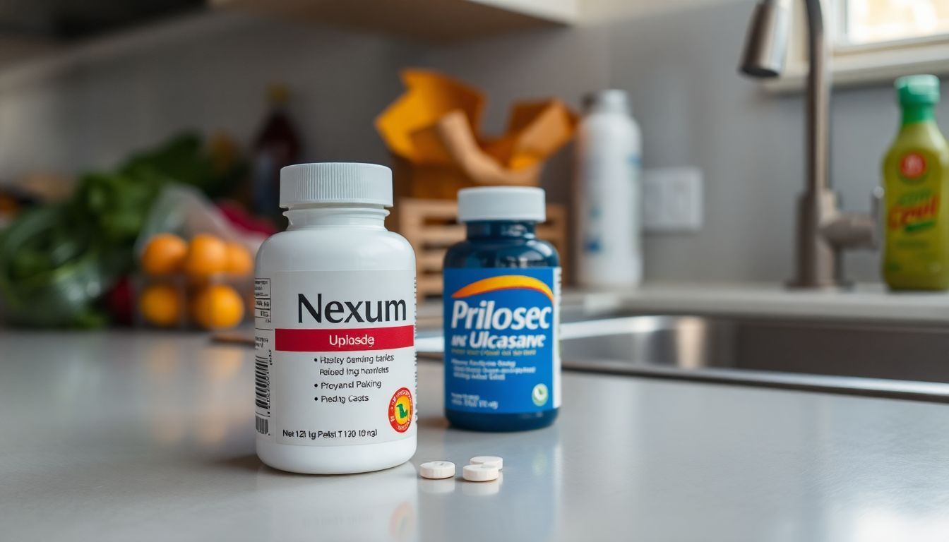 A photo of Nexium and Prilosec pills on a kitchen counter.