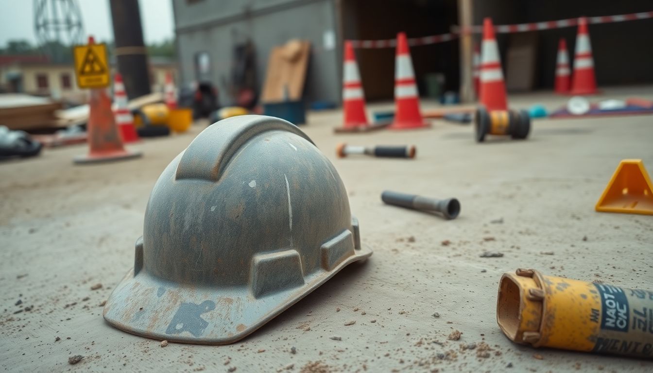 A worn construction helmet on a dusty site with scattered tools.