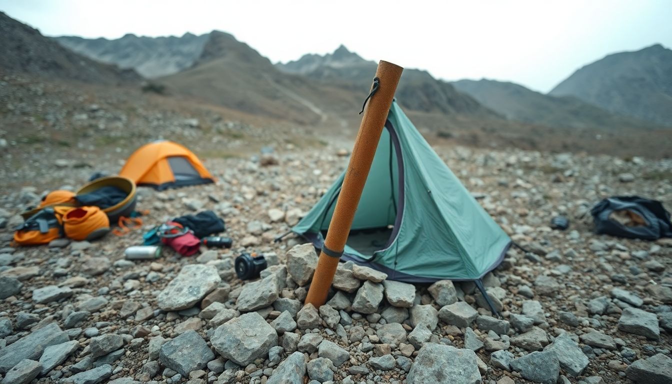 A damaged tent pole stuck in rocky ground at a campsite.