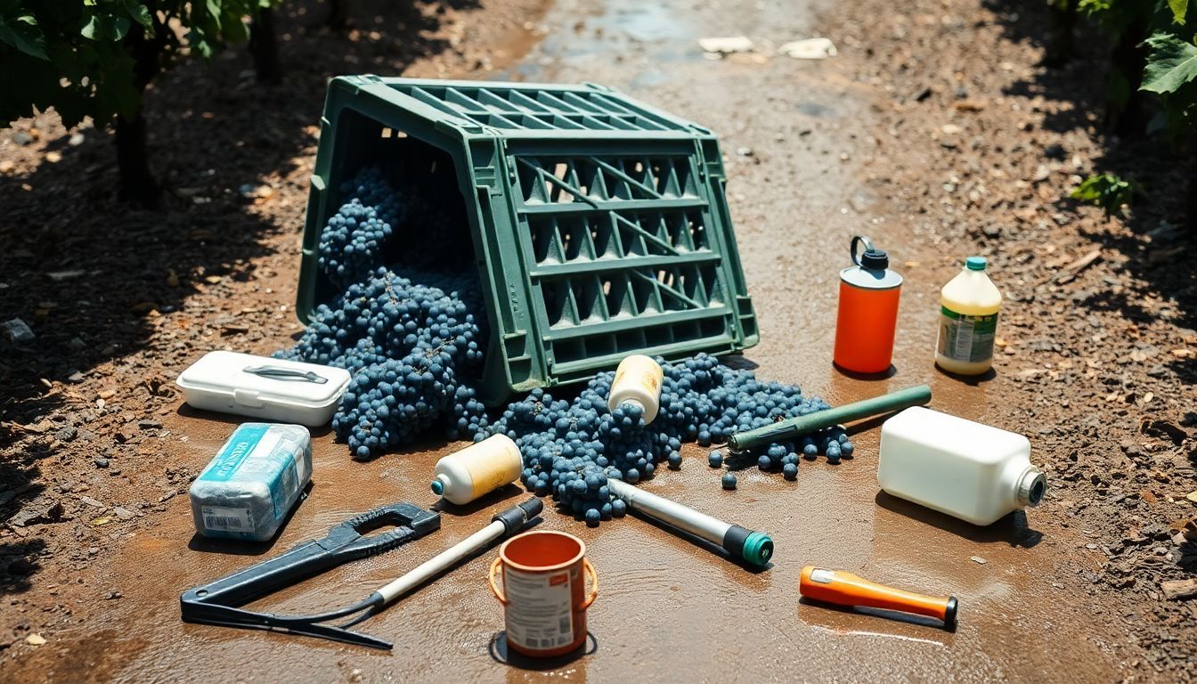 An overturned crate of grapes and scattered vineyard tools.