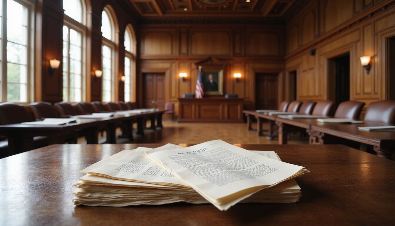 A spacious courtroom with wooden furnishings and legal documents on tables.